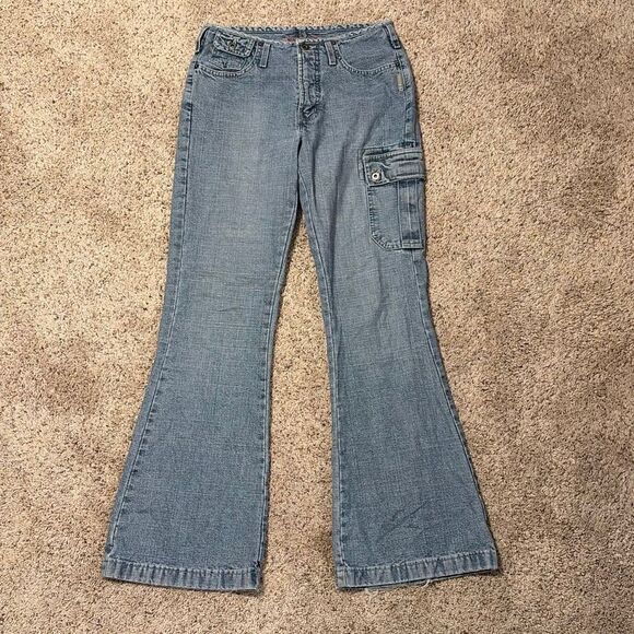 Y2K Silver Jeans Flare Low Rise Cargo Pocket Size 28 Vintage - Picture 1 of 11